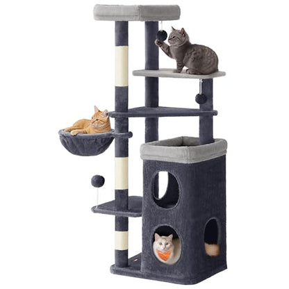 Feandrea Cat Tree, 60-Inch Cat Tower, Multiple-Level Plush Condo with 2 Caves, 3 Scratching Posts, 3 Perches, Dark Gray UPCT007G02 - color: Dark Gray