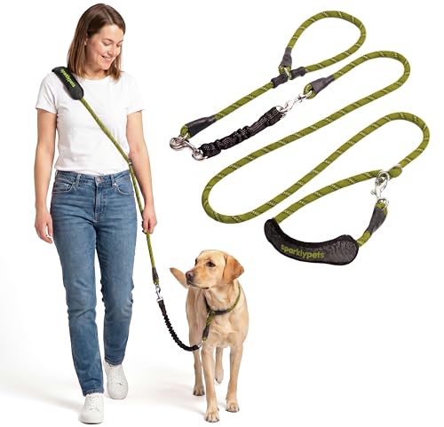 SparklyPets - Bungee Rope Handsfree Leash for 1 Dog - Demovable Slip Lead - Waist or Hip Belt Leash for Dog Walking, Running, Carnicross - Medium & Large Breeds - color: Green Range