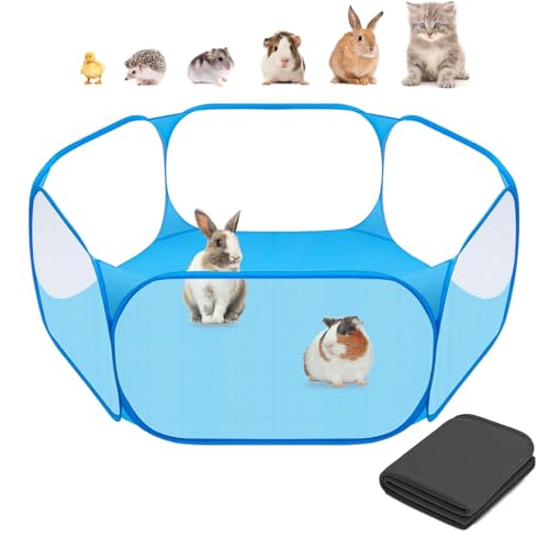 Amakunft 2 in 1 Small Animal Playpen with Waterproof Pad, Pop-Up Portable Play Yard for Guinea Pigs, Rabbits, Hamsters, Hedgehogs, Foldable Exercise Fence with Breathable Mesh for Indoor Outdoor Use - color: blue with Pad