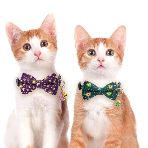2 Pack Cotton Cat Collar with Bow Tie and Bell for Girl Boy Cats,Cute Pink Flamingo and Blue Whale Pattern Spring Summer Breakaway Cat Collar for Male Female Cats (Star&Moon) - color: Star&Moon