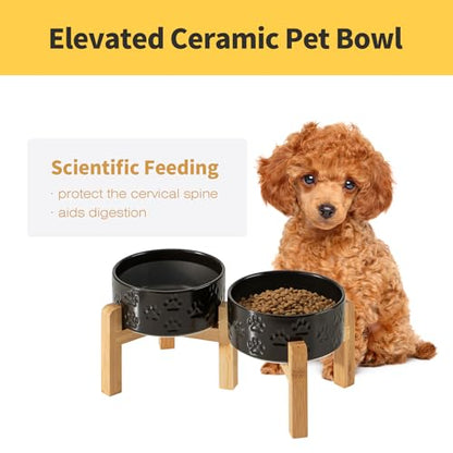 Elevated Ceramic Dog Bowl Set, 6" Dog Bowls with Dual Fixed Heights Stand, 3.5 Cup Food and Water Bowls for Small Breed Dogs, Microwave Safe (Double Bowls + Stand - Black, 6 inch) - color: Double Bowls + Stand - Black, size: S - 6 Inch