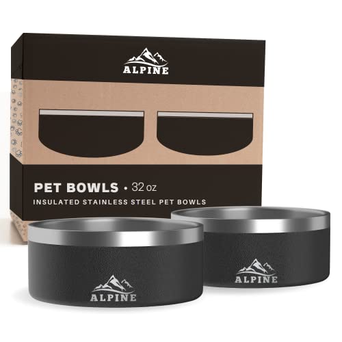 Alpine Set of 2 Stainless Steel Dog Bowls, Non Slip, Metal Pet Bowl for Food and Water, Double Walled Insulated, Rustproof, Dishwasher Safe - Black (AB) - color: Black, size: 32 oz