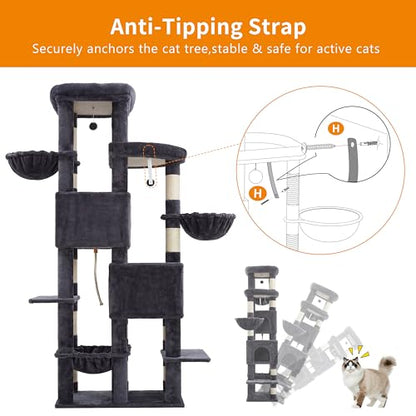 Heybly Cat Tree, 74.8-Inch Spacious & Tall Cat Tower for Large Cats, Cat Furniture with Large Top Perch, Solid Base, 2 Cat Condos, Hanging Hammock, Durable Sisal Scratching Posts, Smoky Gray HCT062G - color: Smoky Gray