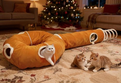 Ownpets 2-in-1 Cat Tunnel, Large Lollipop Shape Cat Tunnel Toy with Fluffy Balls, Spiral Toy, Plush Collapsible Cat Cave Hideout Donut Tunnel for Multi Kitten Puppy Rabbit (Orange) - color: Orange
