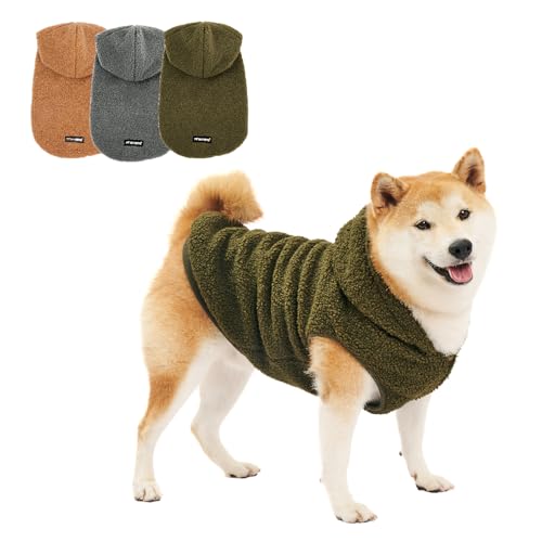 Tuff Pupper Fleece Dog Hoodie Sweater | Teddy Sherpa Outer & Soft Polar Fleece Lining | Adjustable Fit Winter Coat with Hood, Leash Hole, Ribbed Cuffs | for Small Medium Large XL XXL Dogs (Olive, M) - color: Olive, size: 25-40 lbs (Medium)