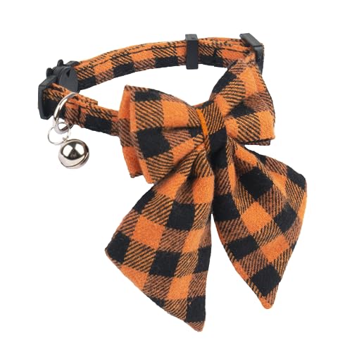 ADOGGYGO Halloween Cat Collars with Removable Bow Bell, 2 Pack Orange Purple Plaid Halloween Bowtie Collar for Cats Kittens - color: Orange&Purple-2