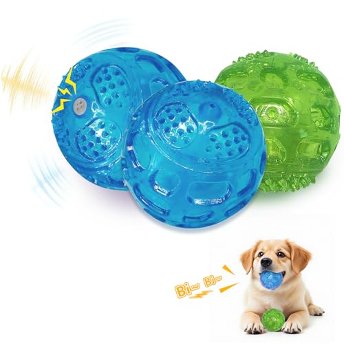 RICHIE Ultra Durable Squeaky Dog Balls 3 Inch for Large Medium Dogs, Tough Chew Toys for Aggressive Chewers, Floating Fetch Balls for Pool Play, Teeth Cleaning Dog Toys 3 Pack Blue + Blue + Green - color: Blue + Blue + Green