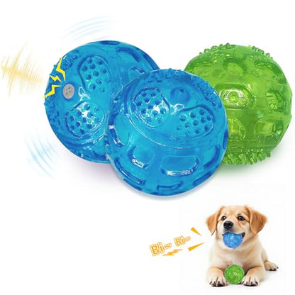 RICHIE Ultra Durable Squeaky Dog Balls 3 Inch for Large Medium Dogs, Tough Chew Toys for Aggressive Chewers, Floating Fetch Balls for Pool Play, Teeth Cleaning Dog Toys 3 Pack Blue + Blue + Green - color: Blue + Blue + Green