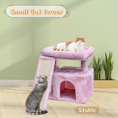 Small Pink Cat Tree for Indoor Cats, Cute Cat Tower with Perch, Condo, House and Stable Stand for Kittens & Adult Pets（Pink） - color: Pink