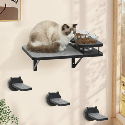 Cat Wall Shelves Furniture Set with 2 Food Bowls, Wooden Cat Climbing Wall Systems with Scratching Pad and 3 Steps, Floating Shelves Bed Perches Wall Mounted for Indoor Fit Up to 15Lbs (Black)