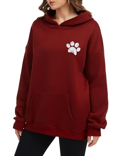 Womens Dog Paw Hoodie-Long Sleeve Pullover Fleece Lined Dog Mom Sweatshirts with Pocket - color: B-dark Red, size: Small