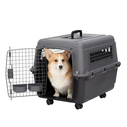 SportPet Airline Compliant MEDIUM 26.5" Travel Dog Kennel-Durable Plastic Airline Pet Carrier w/ Removable Wheels & Food Bowls, Collapsible Indoor/Outdoor Dog Kennel, Dogs up to 23"L & 15"H-Dark Gray - color: Dark Gray, size: 26.5"L x 20.0"W x 18.5"H