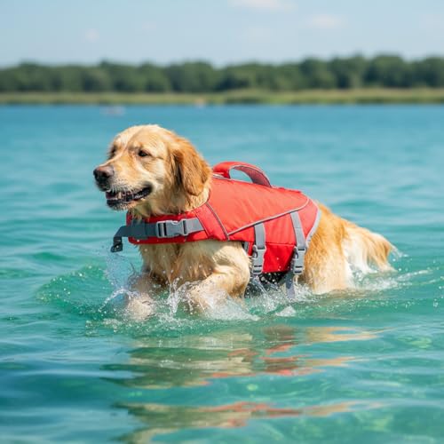 Geyecete Dog Life Vest for Swimming with Handle Dog Life Jacket Adjustable for Swimming, Boating,and Water Safety, High-Buoyancy,Orange with Red-S - size: Small