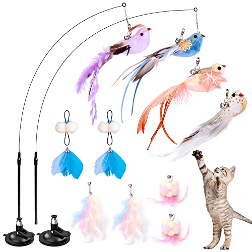 Cat Toys Wand, Interactive Cat Toy with Super Suction Cup Sticky Detachable 12 PCS Feather Replacements 2 Wands Cat Spring Feather Toys for Indoor Cats Kitten Toys (4 Birds Replacements) - color: 4 Birds Replacements
