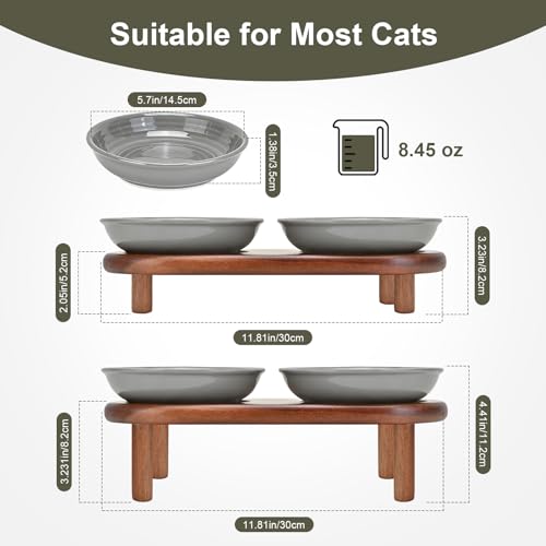 SPUNKYJUNKY Shallow Elevated Cat Bowl with Acacia Wood Stand Wide Raised Ceramic Cat Dishes Whisker Friendly Pet Food and Water Plates (Striped Pattern, Gray) - color: Gray