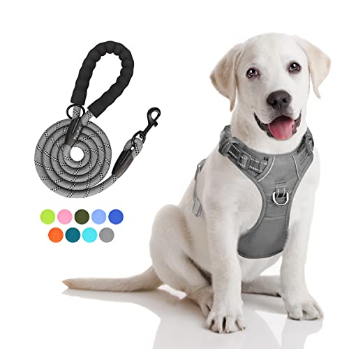 PoyPet No Pull Dog Harness and 5 Feet Leash Set, Release on Neck Reflective Adjustable Pet Vest, Front & Back 2 D-Ring and Soft Padded Pet Harness with Handle for Small to Large Dogs(Grey,M) - color: Grey, size: Medium