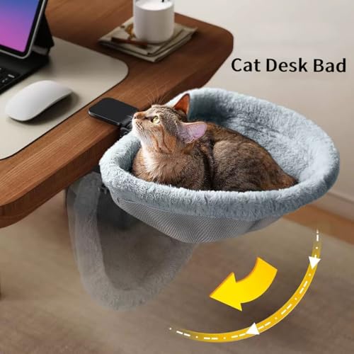 Cat Desk Bed-Extra-Large Clamp & Sunken Hammock Design,Soft Faux Rabbit Fur Material,One-Click Folding,Suitable for Various Desktops, Holds Up to 40lbs(Gray