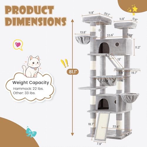 SHA CERLIN 81in Multi-Level Tall Cat Tree Tower for Indoor Kitties/Larger Cat Condo Furniture with Hammock/Cozy Pussycat Perches/Sisal Scratching Posts/Pet House/Wide Base/Grey - color: Grey