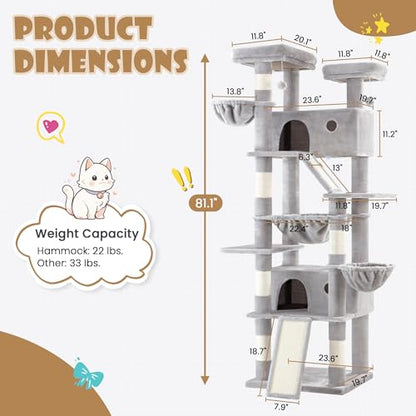 SHA CERLIN 81in Multi-Level Tall Cat Tree Tower for Indoor Kitties/Larger Cat Condo Furniture with Hammock/Cozy Pussycat Perches/Sisal Scratching Posts/Pet House/Wide Base/Grey - color: Grey