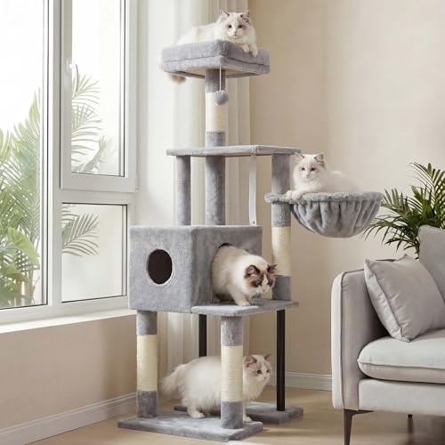 Heybly Cat Tree, 49.2 Inches Cat Tower for Indoor Cats, Spacious Cat House Condo with Hidden Space，Sturdy Steel Tube，Soft Plush Top Perch，Cozy Hammock and Sisal Scratching Posts, Light Gray HCT200SW - color: Light Gray, size: 49.2 inch