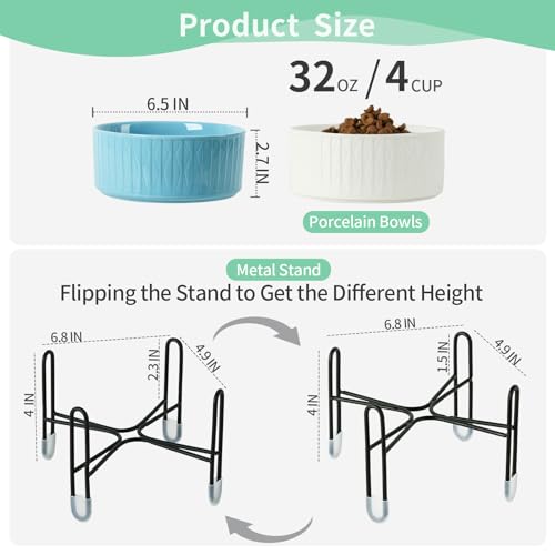 32 OZ Raised Dog Cat Bowls with Elevated Metal Stand, 6.5 Inch Ceramic Round Pet Food and Water Feeder Bowl Dish for Cats & Dogs, White & Blue, Set of 2 - color: White & Blue