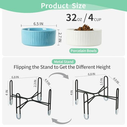 32 OZ Raised Dog Cat Bowls with Elevated Metal Stand, 6.5 Inch Ceramic Round Pet Food and Water Feeder Bowl Dish for Cats & Dogs, White & Blue, Set of 2 - color: White & Blue