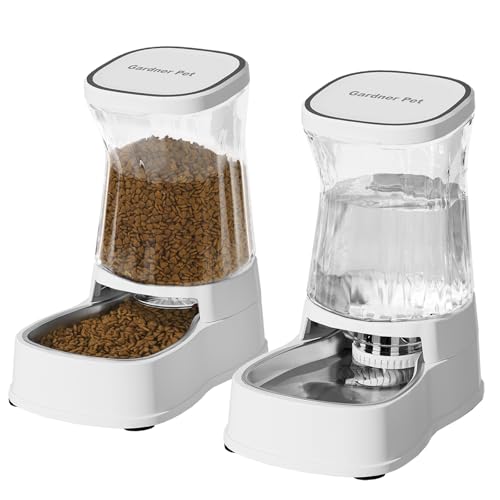 Automatic Pets Gravity Feeder and Water Dispenser Set, 1Gallon x 2 Stainless Steel Food Feeder and Waterer, 100% BPA-Free Water Bowl Dispenser for Small&Medium Dogs, Cats, Puppies(White) - color: Pearl White, size: 1 Gallon (Water & food dispenser)