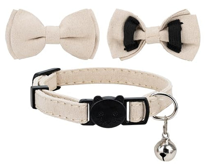 Cat Collar with Bow Tie Bell Breakaway Kitten Small Pet Safety Solid Wedding Basic Pure Color Suede Soft Adjustable [1pc] Cream - color: [1pc] Cream