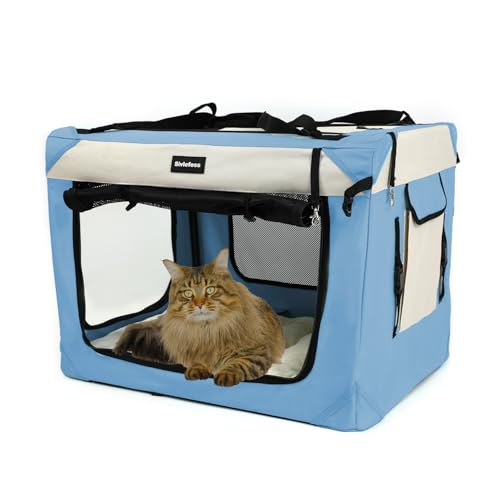 Large Cat Carrier Collapsible Travel Dog Crate Portable Soft-Sided Pet Kennel with Super Soft Warm Plush Pillow for Indoor and Outdoor 24x16x16in,Sky Blue - color: Sky Blue, size: Large