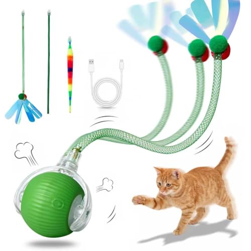Rechargeable Smart Rolling Cat Ball, Automatic Interactive Cat Toy with 3 Modes, LED Light & 3 Replaceable Accessories, Indoor Cat Exercise Toy for Kittens & Adult Cats, for Boredom Relief Green - color: Green