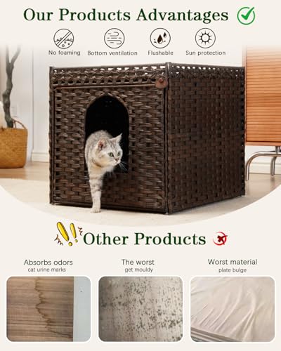 SETVSON Cat Litter Box Enclosure Furniture, Large Hidden Litter Box Furniture, Handwoven Rattan Cat House Cabinet, One Mat, Two S-Shaped Hooks, Living Room, Apartment 21.6 X 26 X 21.6 Inches, Brown - color: Brown, size: XL