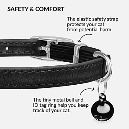 CollarDirect Leather Cat Collar with Removable Bell – Safety Elastic Strap (Breakaway Alternative) – Kitten Collar for Small & Big Boy & Girl Cats - color: Black, size: 6-7 Inch