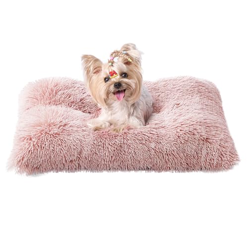 EHEYCIGA Fluffy Dog Bed, Plush Faux Fur Crate Pad, Calming Anti Anxiety Small Dog Bed, Washable Soft Warm Crate Mat with Non-Slip Bottom, Pink - color: Pink, size: 23.6 x 17.5