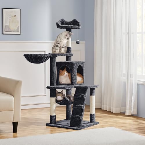 Yaheetech 54in Cat Tree Tower, Multi-Level Activity Center with Scratching Posts, Cozy Condo, Climbing Ladder & Hammock, Pet Play House for Kittens & Small Cats, Black - color: Black