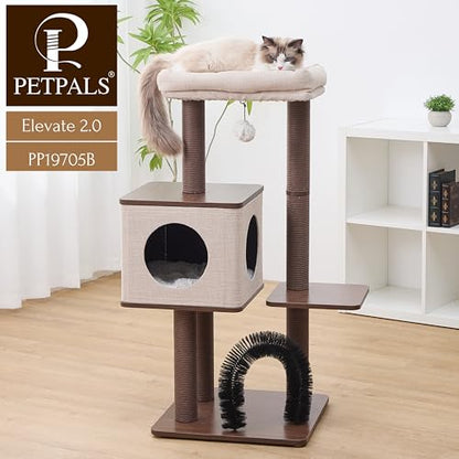 Petpals 4 Level 43" Minimalist Design Cat Tree with Wood Condo,Replaceable Paper Rope Scratching Posts,Full Body Bruch,Removeable and Washabel Bed (Brown and Beige) - color: Brown and Beige
