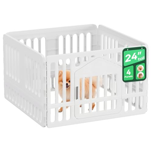 FDW Dog Playpen with Door, 24 Inch Puppy Play Pen for Small Dogs, Indoor Outdoor Plastic Pet Fence, Secure Locking Gate Pen, 38" L x 38" W x 24" H, White (4 Panels) - size: 4 Panels
