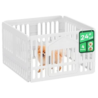 FDW Dog Playpen with Door, 24 Inch Puppy Play Pen for Small Dogs, Indoor Outdoor Plastic Pet Fence, Secure Locking Gate Pen, 38" L x 38" W x 24" H, White (4 Panels) - size: 4 Panels