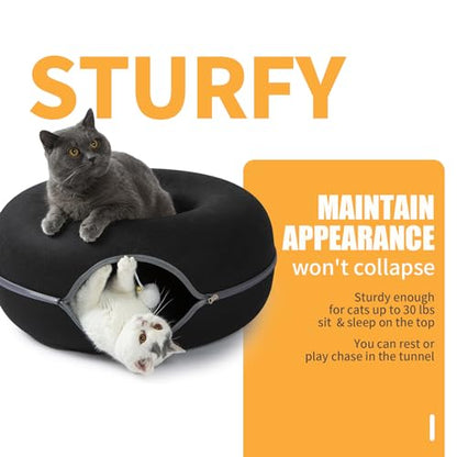 Peekaboo Cat Tunnel for Large Cats up to 30 lbs, Features A Jingle Ball, Removable and Washable Tunnel Bed, and a Cozy Donut Tunnel (Black, 24 Inches) - color: Black