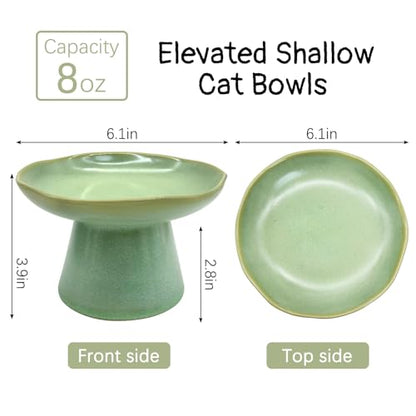 VCEPJH Raised Cat Food Bowls Shallow Cat Plate Ceramic Elevated Cats Dish 6.1in Flat Anti Whisker Fatigue Wide Pet Food & Water Feeder for Indoor Kitty Kitten (Green) - color: green