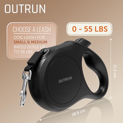 OUTRUN Retractable Dog Leash 16.5 FT Walking Leash up to 55 Lbs, Strong Nylon Tape No Tangle, Heavy Duty One-Handed Brake Lock Perfect for Small & Medium Sized Dogs and Pets - color: Black