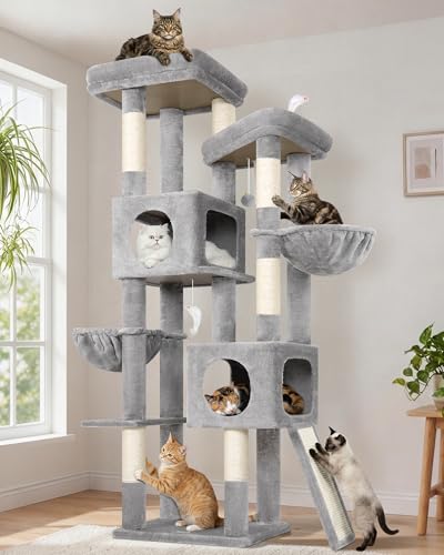 Globlazer 72in Heavy Duty Cat Tree Tower for Large Adult Cats, Multi-Level Cat Condo Stand with 2 Cozy Baskets & 6 Sisal Scratching Posts, S72E, Light Grey - color: Light Grey