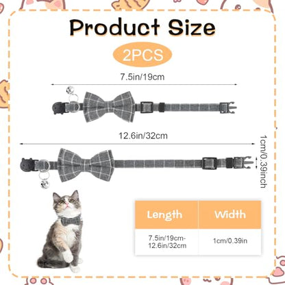 Jeffdad 2Pcs Cat Collar Breakaway, Cat Collar with Bells Bowtie Plaid Cat Collar Adjustable for Kitten Puppy and Small Pets (Black and Gray Plaid) - color: Black and gray plaid