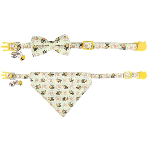 Cat Collar Breakaway with Cute Bow Tie Bandana and Bell Accessories Bee for Kitty Adjustable Safety - color: bee