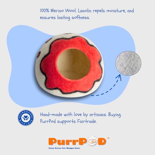 Premium Merino Wool Cat Cave Bed. Foldable, Eco-Friendly, Handmade Felt Kitten Bed and Covered Cat House (43x43cm). Hideaway Pod for Cats. Easy to Clean and Maintain. for Small to Medium cat. Red - color: Red