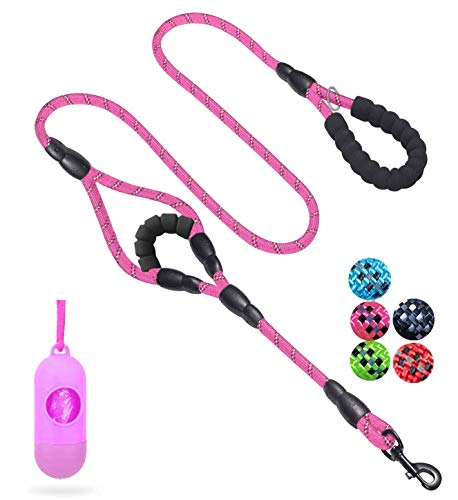 JSXD 5 FT Heavy Duty Double Handle Dog Leash with Comfortable Padded and Reflective Rope, for Small, Medium, Large Dogs (Rope-Pink) - color: Rope-Pink
