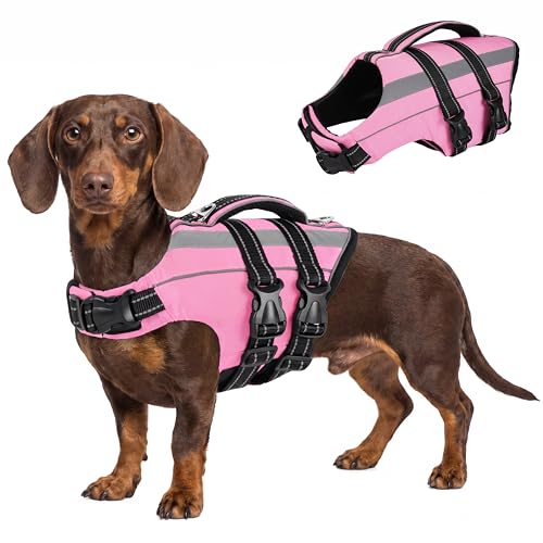FUAMEY Dog Life Vest for Swimming, Reflective Dog Life Jacket Boating, Lifejacket for Medium Doggy with Lift Handle, Dogs Pool Floats, Pink, M - color: Hot Pink, size: Medium