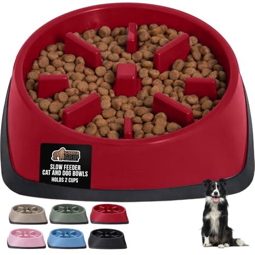 GORILLA GRIP® Patented BPA Free Slow Feeder Dog Bowls, Interactive Puzzle Toy for Dogs and Cats Food Training Enrichment, Keeps Pets Busy and Prevents Puppy Overeating, All Breeds, 2 Cup, Red - color: Red, size: 2 Cup