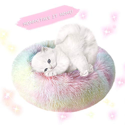 otoez Kitten Puppy Bed Extra Small XS Round Dog Cat Beds Anti Anxiety Plush Pet Calming Donut Bed with Non-Slip Waterproof Bottom, Washable (15.7", Rainbow) - color: Rainbow, size: 15.7"