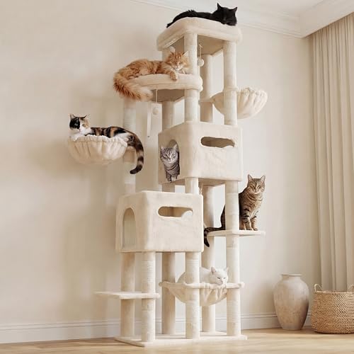 Heybly Cat Tree, 74.8-Inch Spacious & Tall Cat Tower for Large Cats, Cat Furniture with Large Top Perch, Solid Base, 2 Cat Condos, Hanging Hammock, Durable Sisal Scratching Posts, Beige HCT062M - color: Beige
