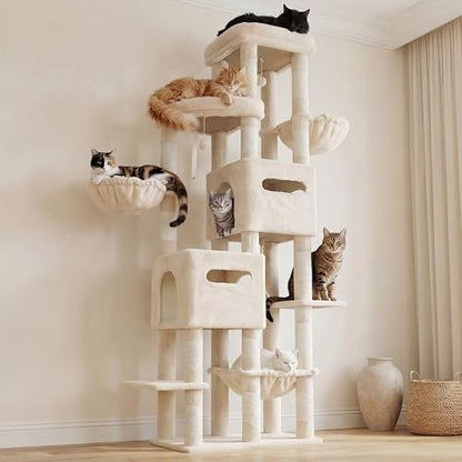 Heybly Cat Tree, 74.8-Inch Spacious & Tall Cat Tower for Large Cats, Cat Furniture with Large Top Perch, Solid Base, 2 Cat Condos, Hanging Hammock, Durable Sisal Scratching Posts, Beige HCT062M - color: Beige